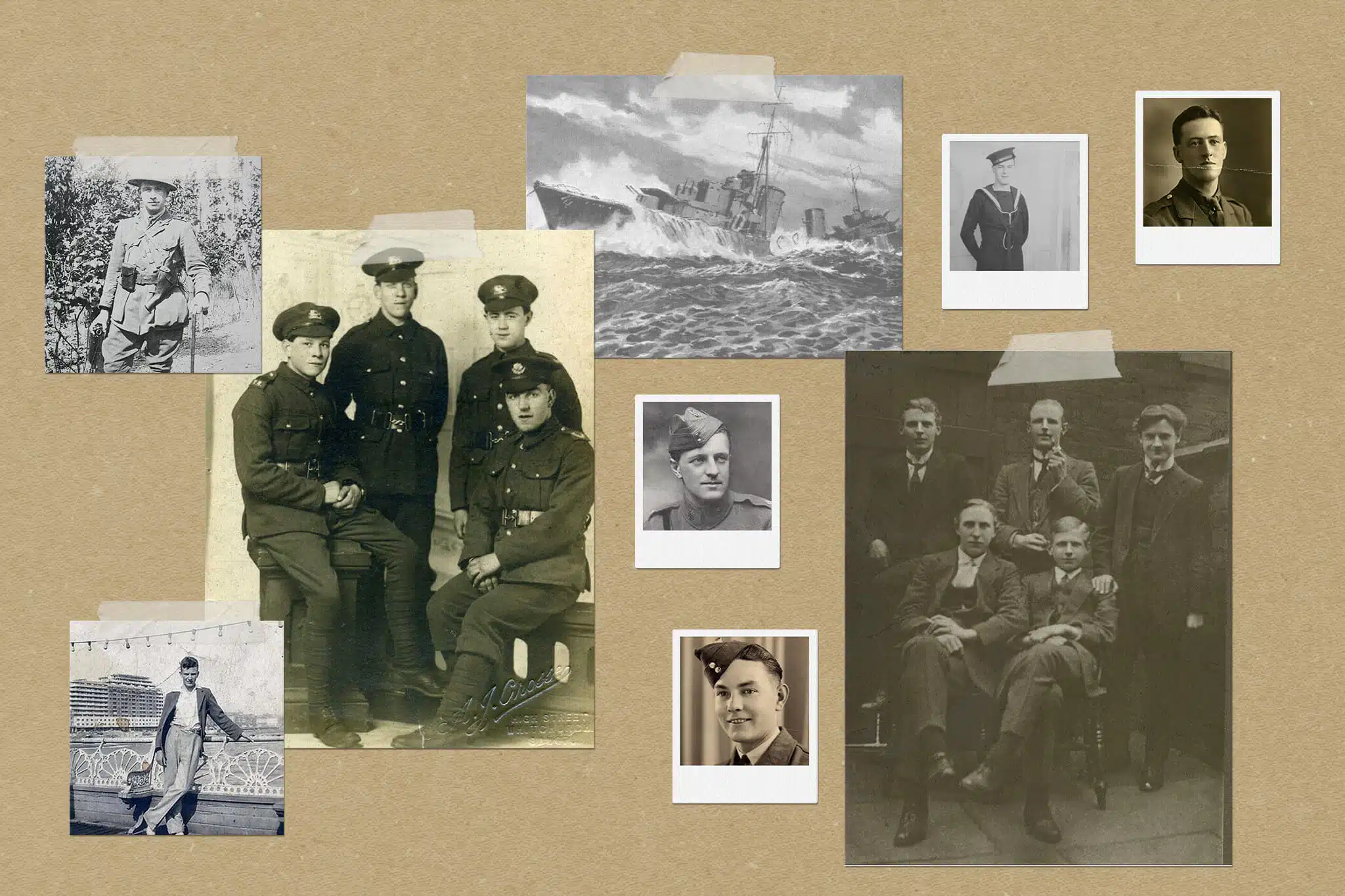 Alumni of St. Bede's who served during the Great War and the Second World War. Their photographs are displayed on a board.